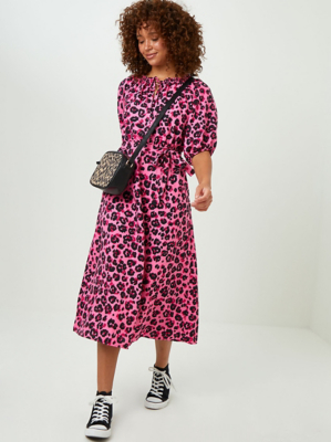 Pink Leopard Print Tie Waist Midi Dress ...